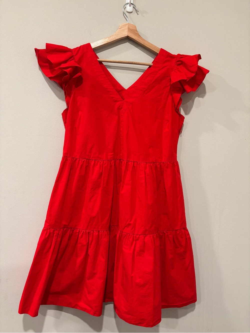 Women’s Medium Bright Red Tiered Ruffle Flutter Sleeve Swing Dress Cotton